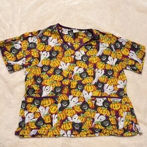 Halloween Themed Scrub Top with Ghost and Pumpkin Print
